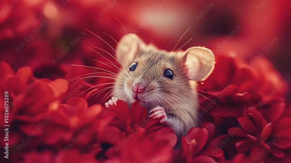 A cute mouse peeking out from bright red flowers, its tiny whiskers and ears in focus against the vibrant petals, creating a soft and endearing scene A cute mouse peeking out from bright red flowers, its tiny whiskers and ears in focus against the vibrant petals, creating a soft and endearing scene