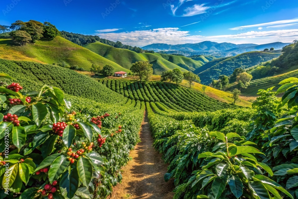 Coffee Plantation Landscape with Lush Greenery and Copy Space for Branding Coffee Plantation Landscape with Lush Greenery and Copy Space for Branding