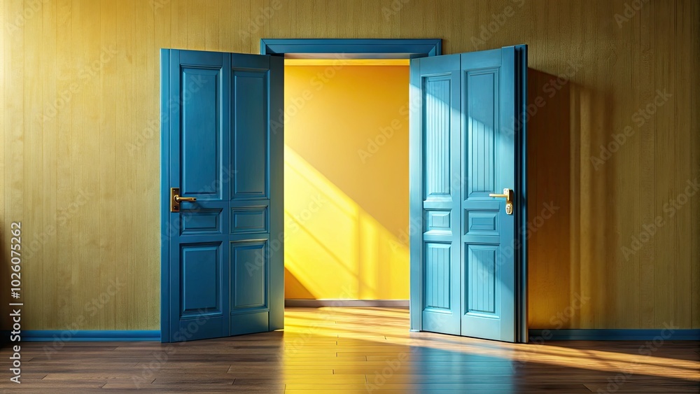 In a modern minimalist space, half-open blue doors reveal gentle yellow light, casting a calming glow that enriches the serene atmosphere of the interior. In a modern minimalist space, half-open blue doors reveal gentle yellow light, casting a calming glow that enriches the serene atmosphere of the interior.