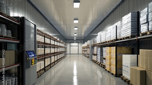 Warehouse interior with rows of shelves and rows of boxes. 3d rendering.