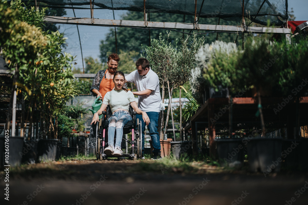 A boy with Down syndrome, a girl in a wheelchair, and an elderly woman enjoy time together in a lush garden. A heartwarming display of inter generational connection and support. A boy with Down syndrome, a girl in a wheelchair, and an elderly woman enjoy time together in a lush garden. A heartwarming display of inter generational connection and support.