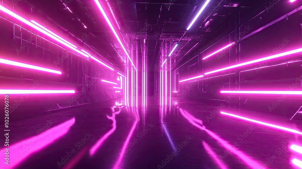 A dark, futuristic hallway with neon lights reflecting on a glossy floor. A dark, futuristic hallway with neon lights reflecting on a glossy floor.
