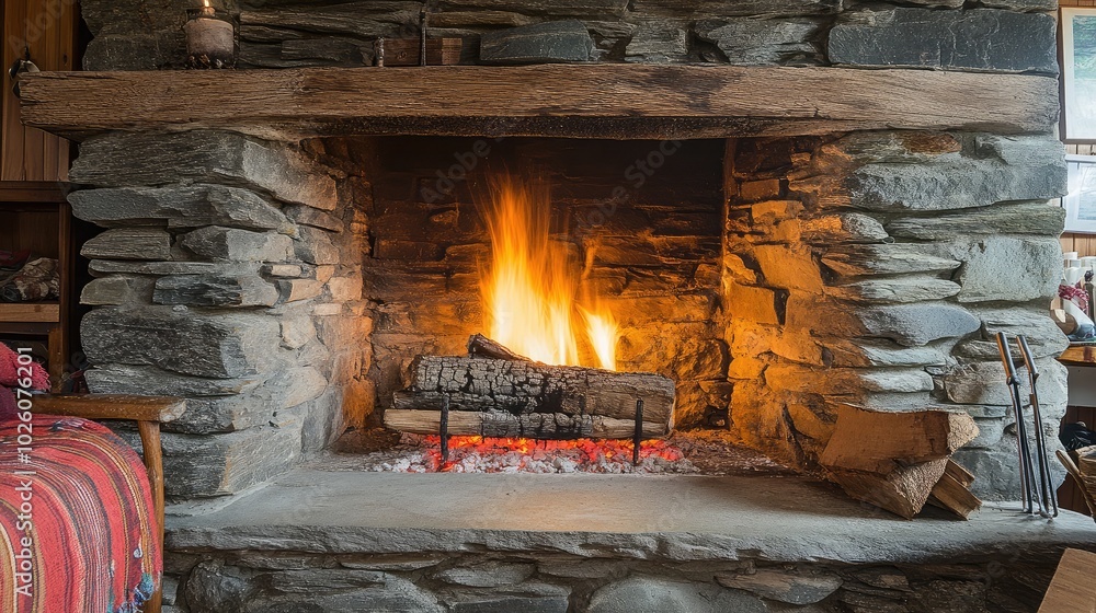 Cozy Stone Fireplace with Flickering Flames Cozy Stone Fireplace with Flickering Flames
