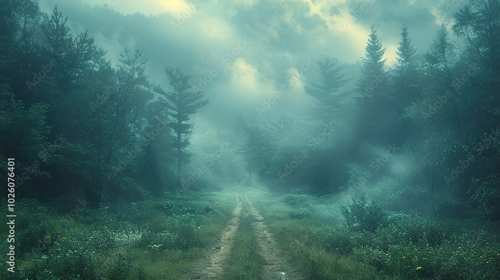 Fototapeta premium Enchanted Forest Path: Misty Morning in the Woods