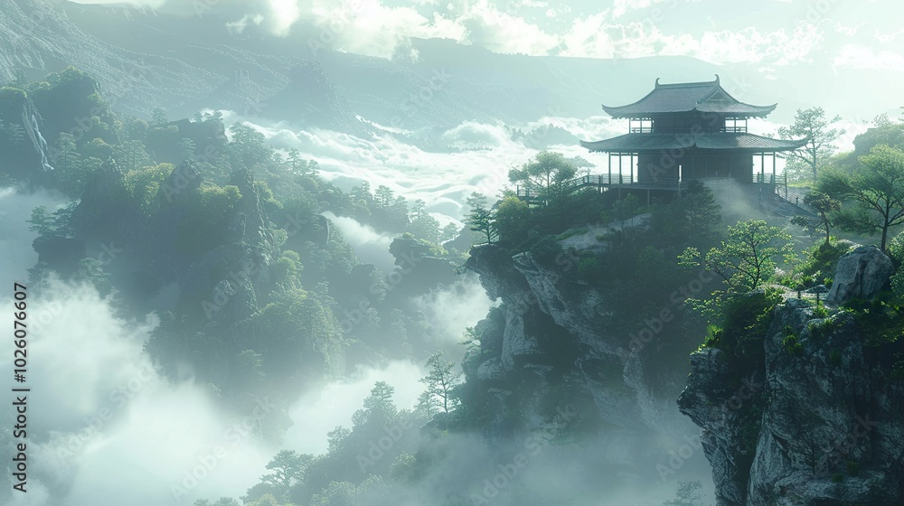 Serene Mountaintop Temple with Fog and Clouds Serene Mountaintop Temple with Fog and Clouds