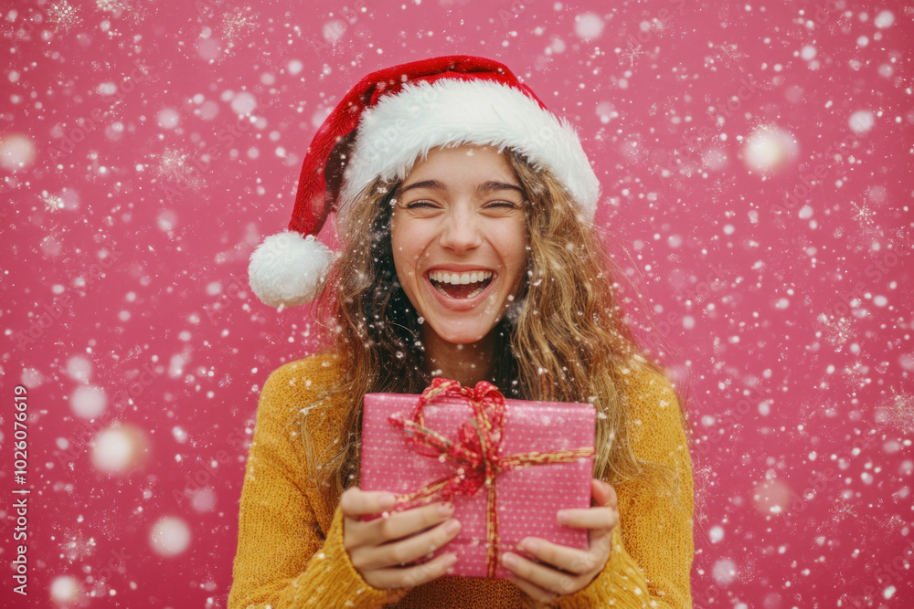 Woman in Santa hat holding gift, smiling warmly. Background: Christmas tree adorned with colorful ornaments, cozy living room setting. Woman in Santa hat holding gift, smiling warmly. Background: Christmas tree adorned with colorful ornaments, cozy living room setting.