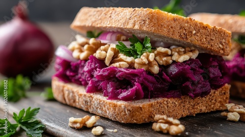 A close-up shot of an artful beetroot sandwich placed on a rustic wooden board, adorned with walnuts and greens, making an appetizing showcase for gourmet presentations. photo