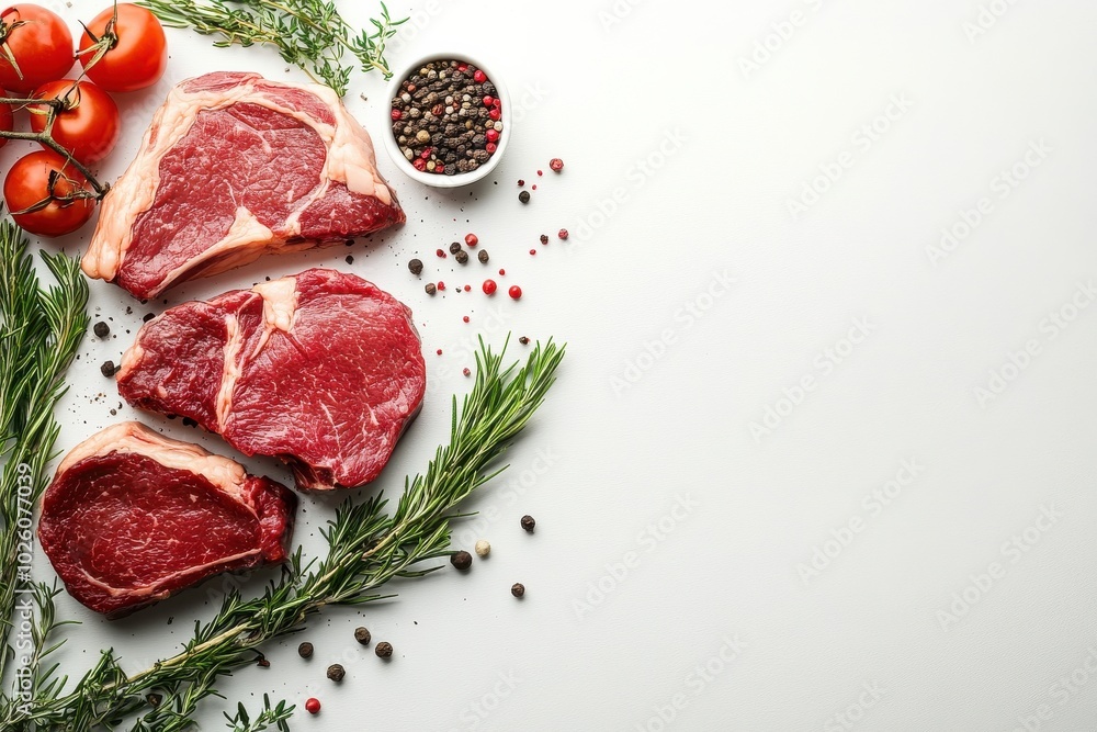 Raw beef steaks with herbs and seasoning Raw beef steaks with herbs and seasoning