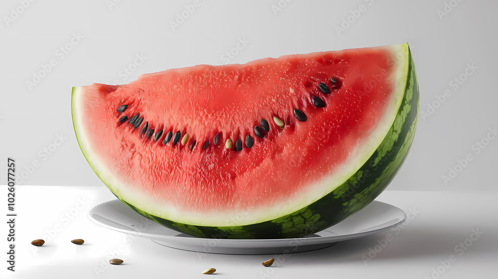 Freshly sliced watermelon on a white plate, showcasing vibrant red flesh and black seeds against a minimal background. Freshly sliced watermelon on a white plate, showcasing vibrant red flesh and black seeds against a minimal background.