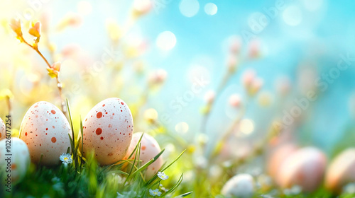 Easter eggs and spring flowers. Happy easter. Spring background