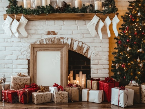 a beautiful farmhouse style decorated for Christmas mantle display for a mock up using 1 square wooden frame sized 10x10 among the decorations mid to dark tones of wood photo