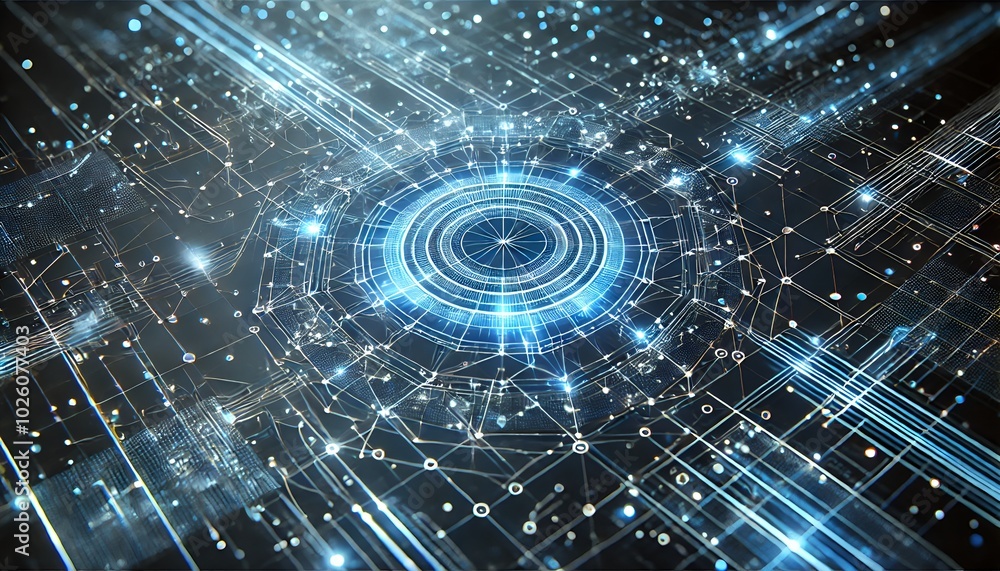 Obraz premium Futuristic Blue Digital Grid - Network Tech Wallpaper