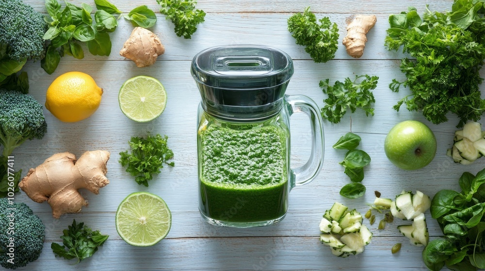 A blender filled with green smoothie surrounded by ingredients on a white wooden table. A blender filled with green smoothie surrounded by ingredients on a white wooden table.