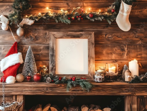 a beautiful farmhouse style decorated for Christmas mantle display for a mock up using 1 square wooden frame sized 10x10 among the decorations mid to dark tones of wood photo