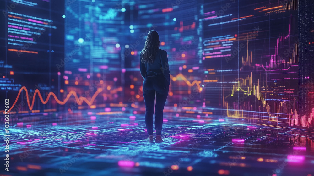 Fototapeta premium Woman analyzing futuristic data visualizations in a digital environment