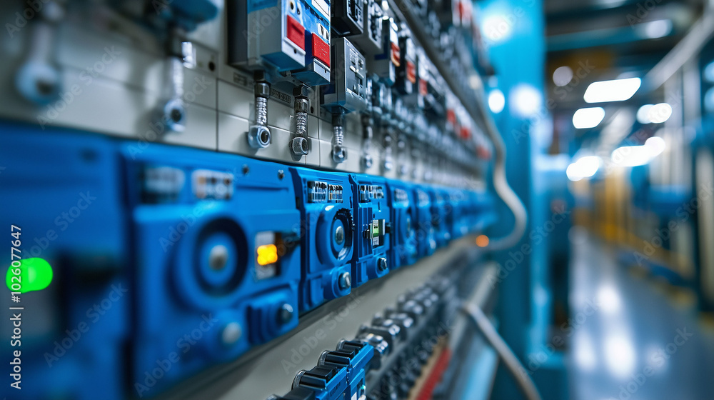 Industrial control panel with blue switches and wiring in a factory setting Industrial control panel with blue switches and wiring in a factory setting