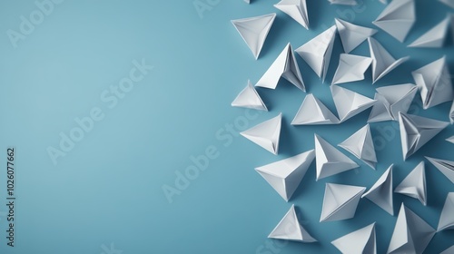 A collection of neatly folded white paper origami triangular shapes arrayed against a blue background, emphasizing simplicity, precision, and traditional artistry.