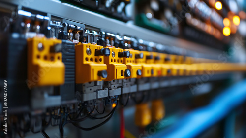 Close-up of industrial control panel with yellow switches and wiring