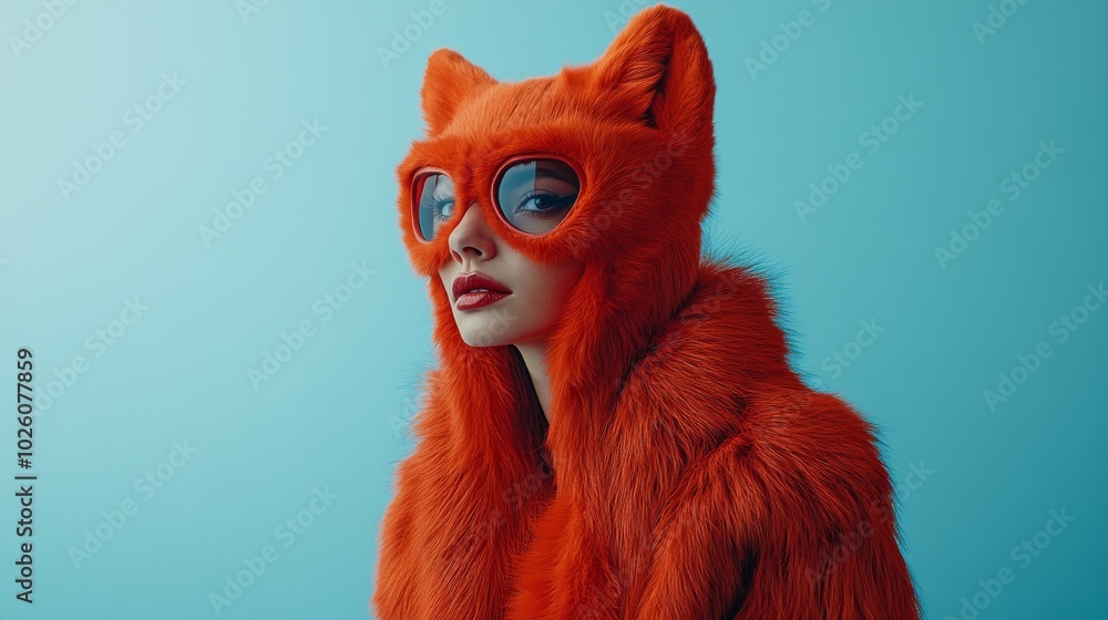 Obraz premium Quadrober subculture. A woman wearing an orange furry cat costumes and cat masks poses stylishly against a blue backdrop, showcasing bold fashion choices. Steampunk. With copy space