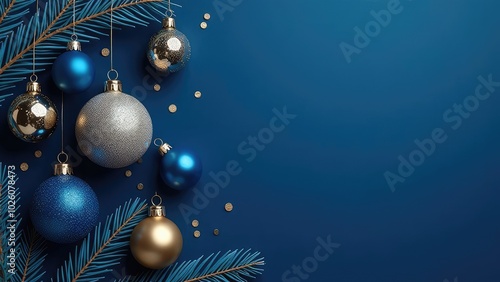 Blue and gold Christmas tree toys on a dark blue background, Christmas tree, festive atmosphere, free space for text
