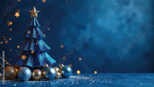Blue and gold Christmas tree toys on a dark blue background, Christmas tree, festive atmosphere, free space for text
