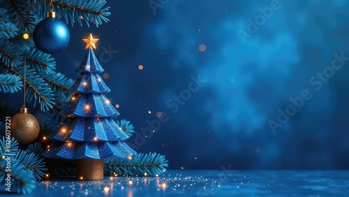Blue and gold Christmas tree toys on a dark blue background, Christmas tree, festive atmosphere, free space for text