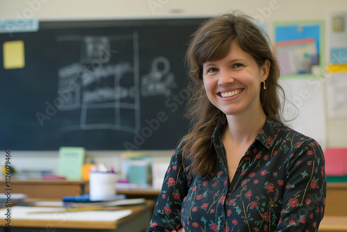 A smiling female elementary school teacher standing in front of the blackboard in a classroom, Women in education, Happy teacher giving a lesson photo