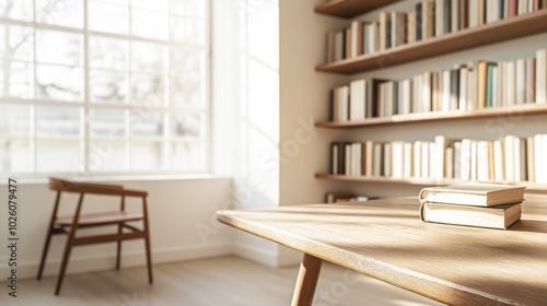 Stunning and Elegant Home Library Featuring Large Windows, Cozy Wooden Table, and Abundant Books for Relaxation and Learning.