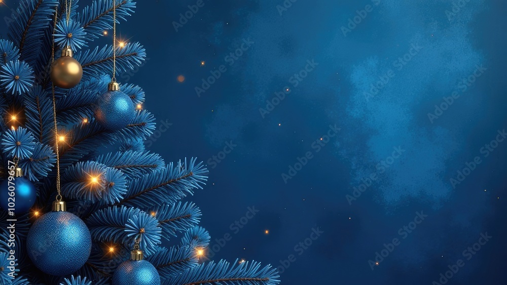 Blue and gold Christmas tree toys on a dark blue background, Christmas tree, festive atmosphere, free space for text Blue and gold Christmas tree toys on a dark blue background, Christmas tree, festive atmosphere, free space for text