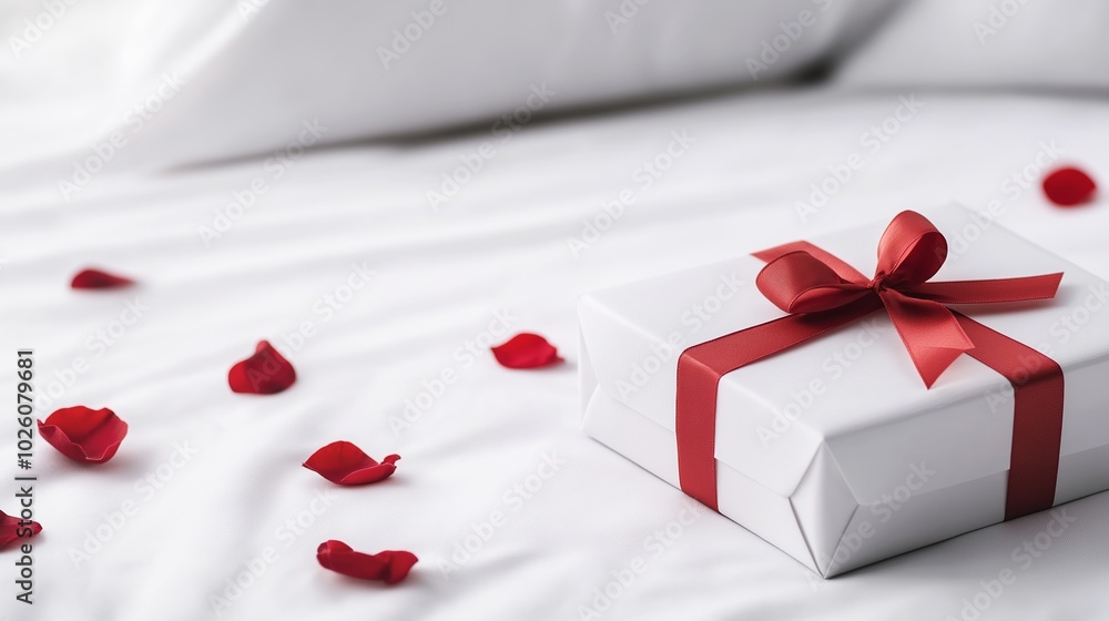 Elegant white gift box with a vibrant red ribbon placed on a pristine white bed surrounded by scattered rose petals Elegant white gift box with a vibrant red ribbon placed on a pristine white bed surrounded by scattered rose petals