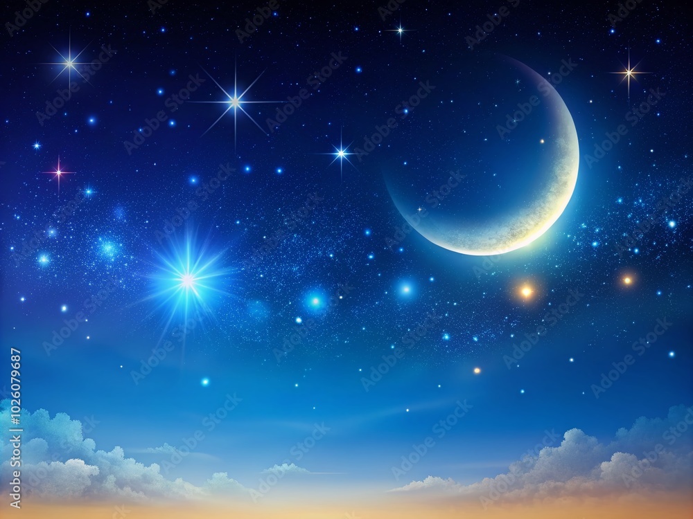 Naklejka premium Crescent Moon Over a Starry Night Sky - Serene Nightscape for Dreamy Atmosphere