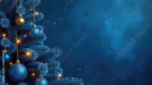 Blue and gold Christmas tree toys on a dark blue background, Christmas tree, festive atmosphere, free space for text
