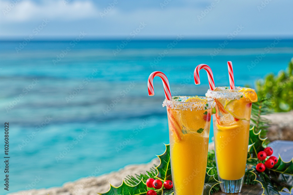 Tropical Christmas drinks by the ocean with candy canes and festive decor, concept for an exotic holiday celebration or tropical party Tropical Christmas drinks by the ocean with candy canes and festive decor, concept for an exotic holiday celebration or tropical party