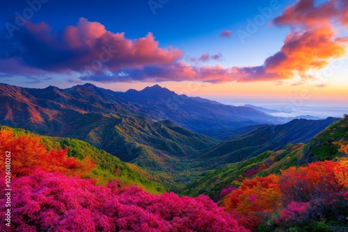 Stunning Mountain View Surrounded by Vibrant Autumn Blooms at Dusk