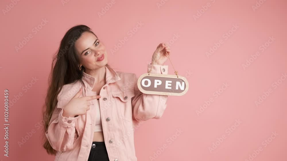 Smiling woman with open sign inviting in pink studio Smiling woman with open sign inviting in pink studio
