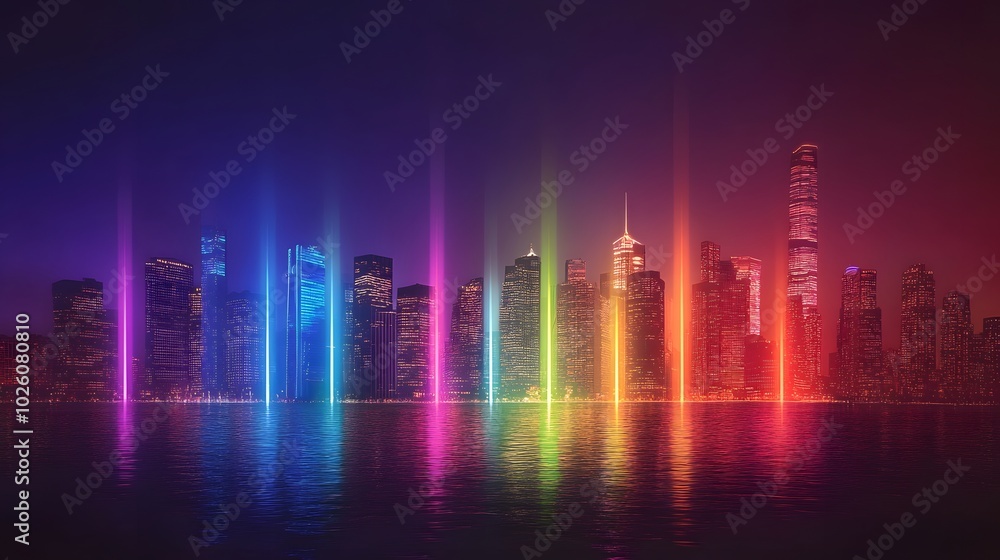 A cityscape with buildings lit up in rainbow colors to celebrate pride A cityscape with buildings lit up in rainbow colors to celebrate pride