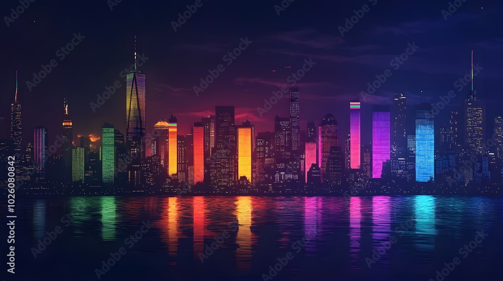 A cityscape with buildings lit up in rainbow colors to celebrate pride A cityscape with buildings lit up in rainbow colors to celebrate pride