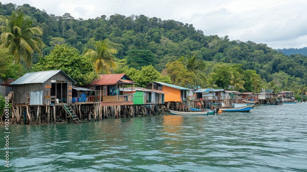 Naklejka premium Colorful Stilt Houses by the Water in Tropical Setting