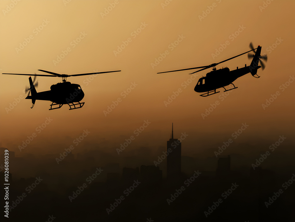A pair of helicopters hovering above a city skyline, with only their silhouettes and the faint lines of buildings visible. Simplified aerial combat.
A pair of helicopters hovering above a city skyline, with only their silhouettes and the faint lines of buildings visible. Simplified aerial combat.