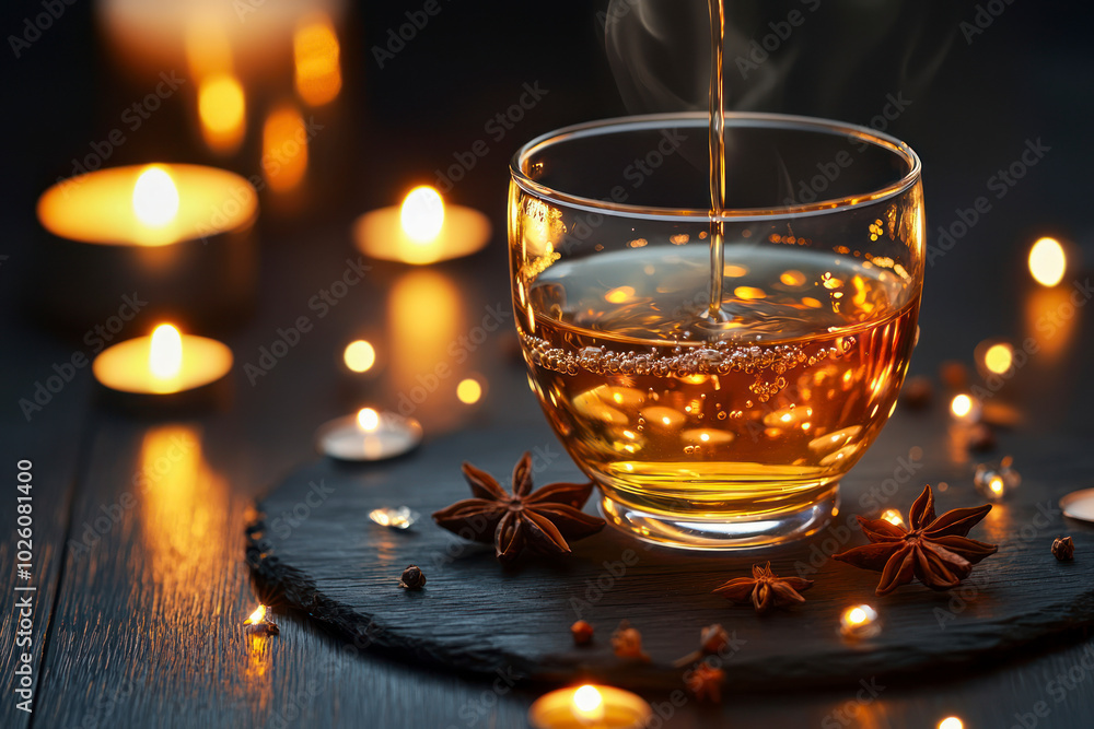 Glass of hot pouring tea on a black wooden background. With anise and lighted candles. Glass of hot pouring tea on a black wooden background. With anise and lighted candles.