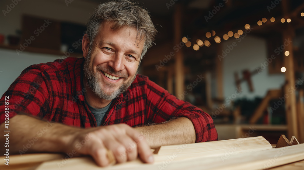Carpenter happily crafting handmade furniture in his workshop surrounded by tools and sawdust Carpenter happily crafting handmade furniture in his workshop surrounded by tools and sawdust
