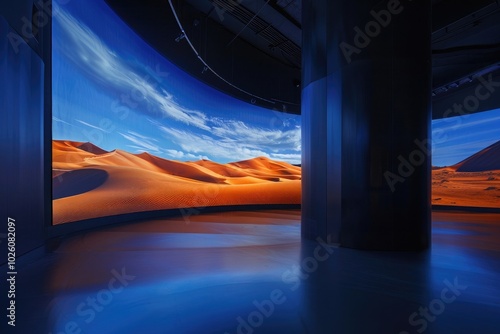 Minimalist curved screen, curved wall with a wide LED display on the right
