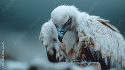 A close-up of a vulture emphasizes its piercing gaze and detailed plumage, capturing the raw intensity and strength of this powerful avian predator. photo