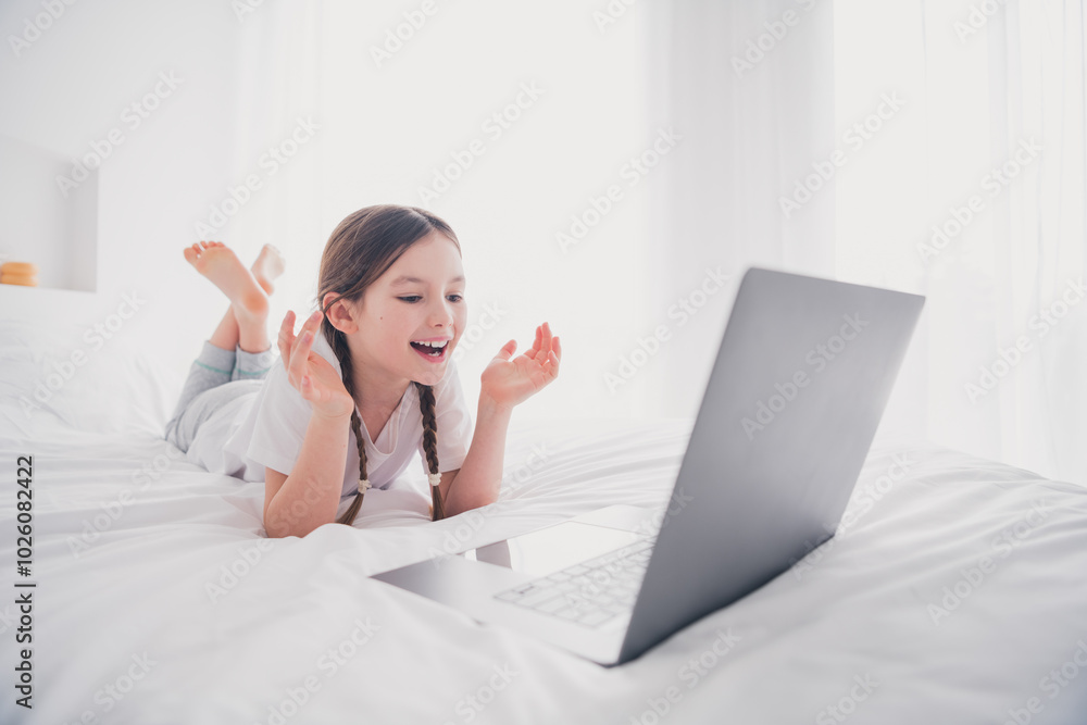 Portrait of adorable lovely nice girl carefree weekend bedroom video movie white light room interior indoors Portrait of adorable lovely nice girl carefree weekend bedroom video movie white light room interior indoors
