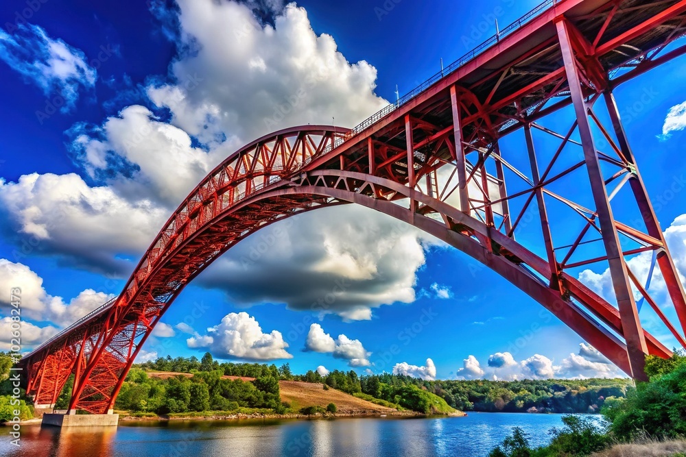 Stunning Drone Photography of a Red Metal Bridge Against a Blue Sky - Riveted Steel Through Arch Design in Washington Stunning Drone Photography of a Red Metal Bridge Against a Blue Sky - Riveted Steel Through Arch Design in Washington
