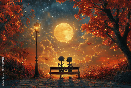 A romantic night by the sea with skeletons on a bench under the moonlight photo