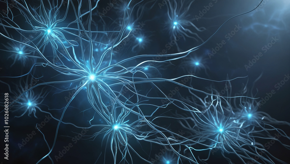 Glowing Neurons and Neural Network Connections Nodes, Glowing Dark Minimalistic Science Background Glowing Neurons and Neural Network Connections Nodes, Glowing Dark Minimalistic Science Background
