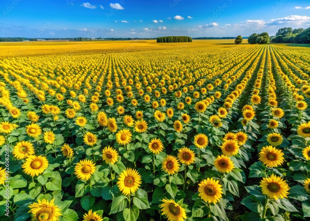 Stunning Drone Shot of Vibrant Sunflowers Against a Clear Blue Sky for Nature Lovers Stunning Drone Shot of Vibrant Sunflowers Against a Clear Blue Sky for Nature Lovers