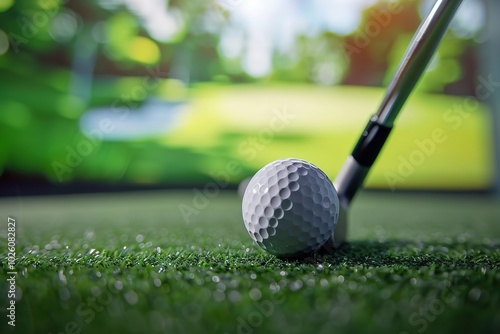 A close-up of a putter and golf ball on a screen showing a computer-generated golf course, perfectly encapsulating the spirit of indoor screen golf, Generative AI.