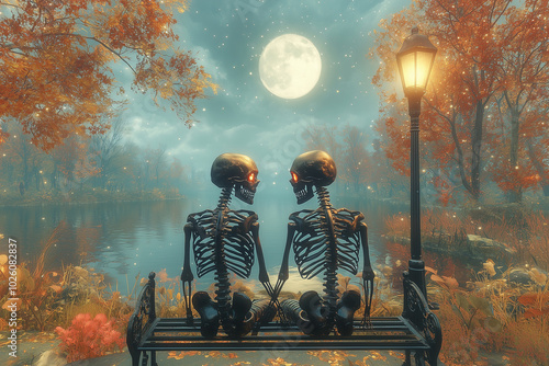 A romantic night by the sea with skeletons on a bench under the moonlight photo